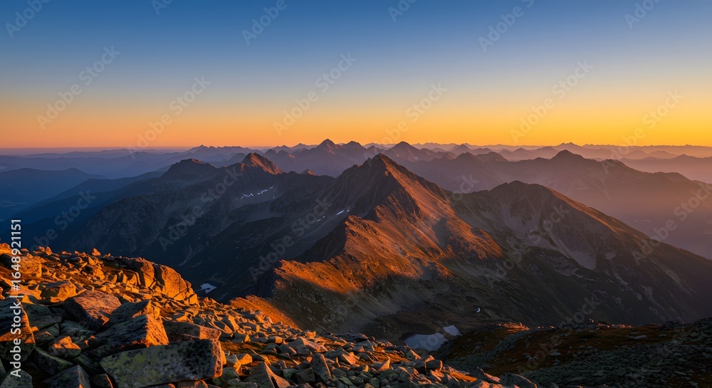 Obraz premium Experience the breathtaking panorama of jagged mountain peaks bathed in the warm glow of sunrise, perfect for travel blogs, adventure promotions, and scenic landscape designs