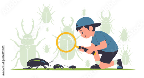 Boy Exploring Nature And Discovering Insects With Magnifying Glass Outside