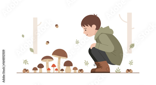 Boy Exploring Forest Discovering Mushrooms During Autumn Season Adventure