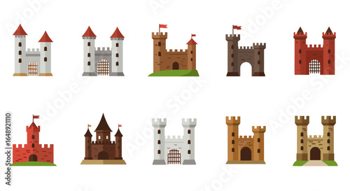 Medieval castles collection: flat design icons of historical fortresses