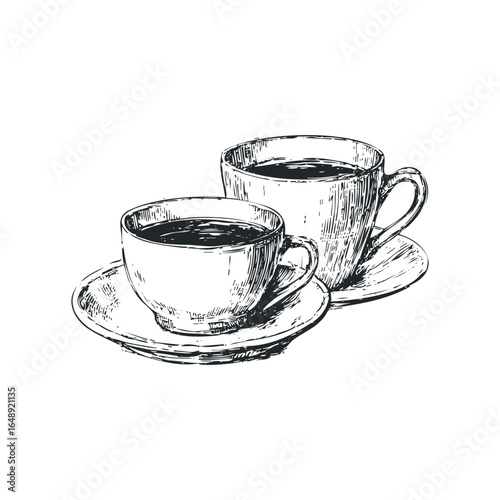 Hand Drawn Sketch of Two Coffee Cups and Saucers