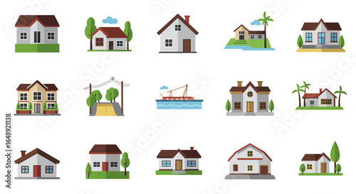 Charming flat design houses and landscapes collection