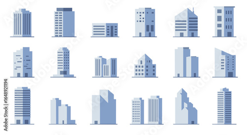 Modern flat style cityscape icons with minimalist tall buildings