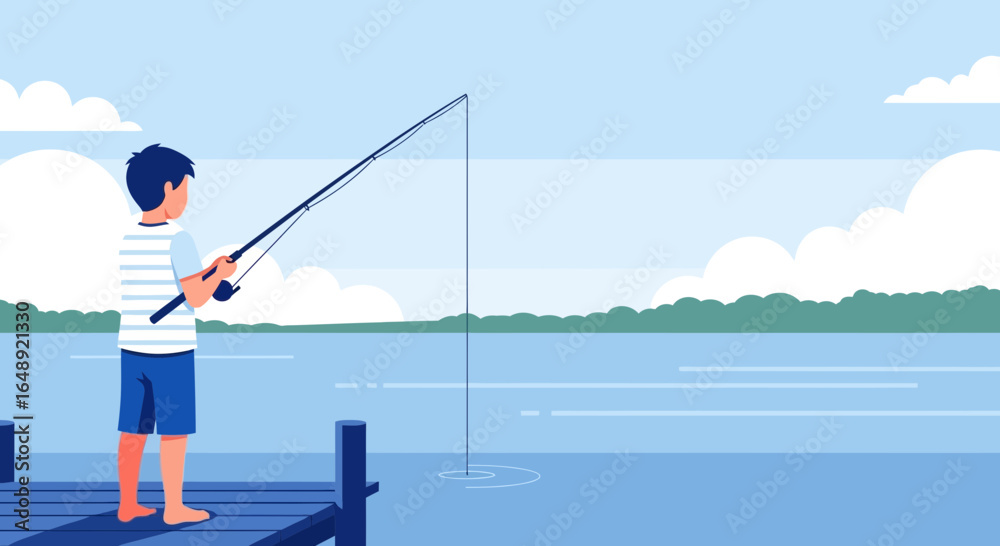Naklejka premium Boy Fishing From Pier On A Calm Day In Simple Flat Vector Style