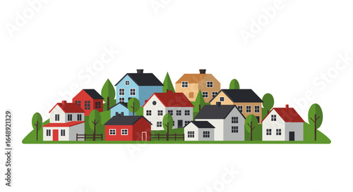 Charming neighborhood with colorful houses and trees in flat design