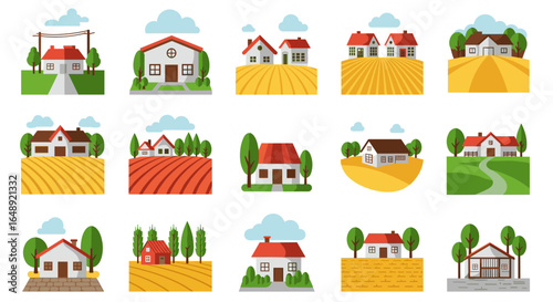 Charming countryside homes on rolling hills with lush greenery in flat style