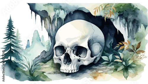 Artistic watercolor skull surrounded by lush forest foliage and cave elements, creating a mystical and eerie atmosphere.