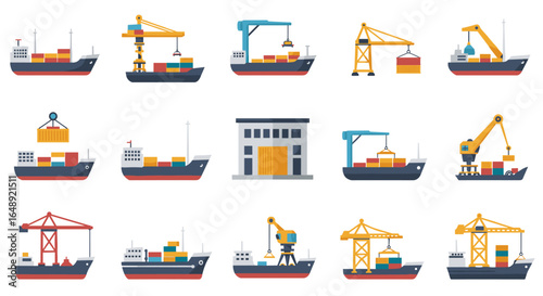 Cargo ships and cranes in flat design illustrating maritime shipping and logistics