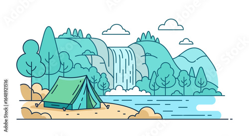 Camping Adventure By Waterfall A Tranquil Escape In Nature Flat Design