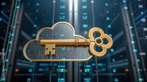 Golden key symbolizes data sovereignty in cloud environments within digital server room
