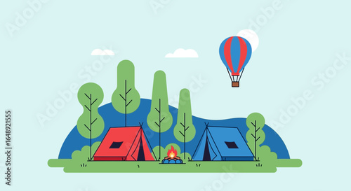 Camping Adventure Featuring Tents Fire Balloon and Forest in Minimalist Style