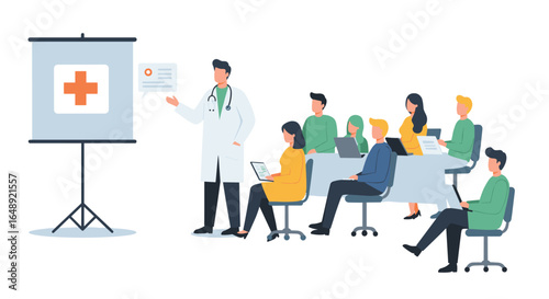 Medical training seminar with doctor presenting to attentive audience in modern flat style