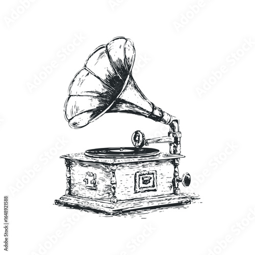 Vintage Gramophone with Horn and Record Detailed Sketch