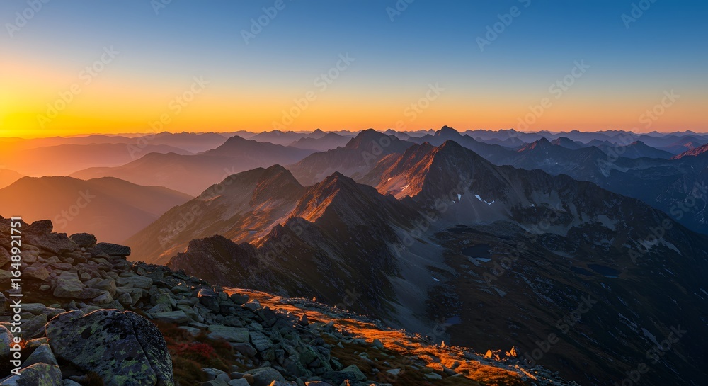 Fototapeta premium Stunning sunrise paints the rugged mountain peaks in warm golden light, inspiring adventure and exploration, perfect for travel, nature, and scenic landscape projects