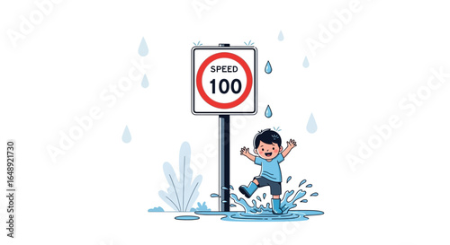 Boy Having Fun Splashing In Puddles Next To The Road Safety Speed Sign