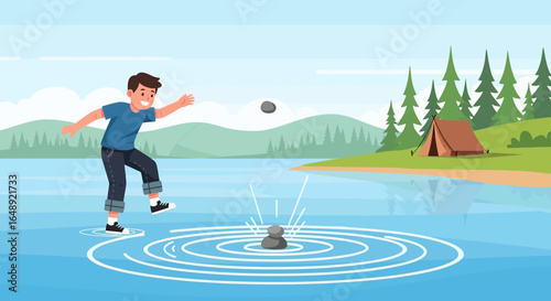 Boy Having Fun Tossing Stone into the Lake During Summer Camp Vacation