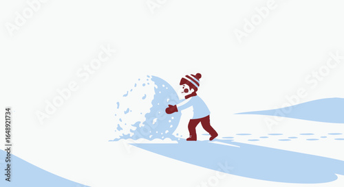 Boy Having Fun, Rolling Big Snowball, Preparing for a Snowman Creation