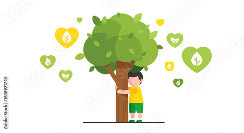 Boy Hugging a Tree Surrounded by Heart Icons Conveying Environmental Awareness