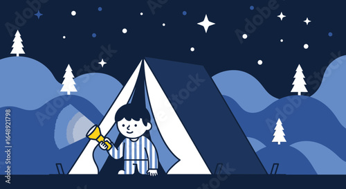 Boy In Tent At Night Camping Adventure Under Starry Sky Illustration