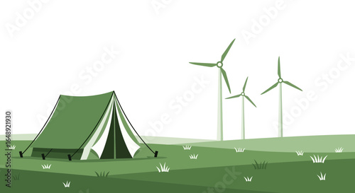 Camping adventure in a green meadow with sustainable wind turbines, vector illustration