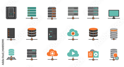 Flat style data storage and networking icons set with servers and cloud elements