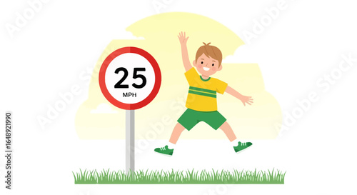 Boy Jumping High Near 25 Mph Speed Limit Sign in Residential Area