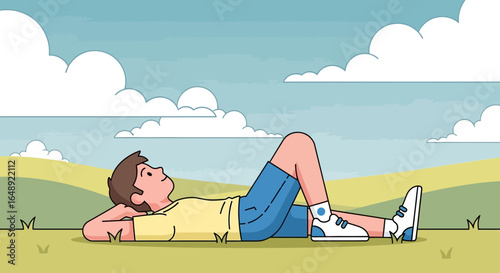 Boy Lying On Ground Outdoors Contemplating Cloudscape On A Sunny Day