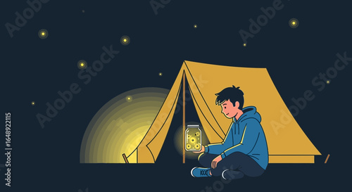 Boy Looking At Fireflies In Jar During Camping Trip At Night