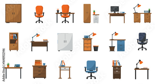 Modern office furniture set with desks, chairs, and storage in flat design