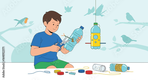 Boy Making Bird Feeder From Plastic Bottle Eco Friendly Project Illustration