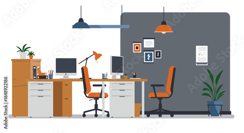 Modern office workspace with computers and stylish decor