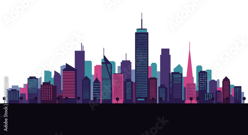 Modern urban skyline with skyscrapers in vibrant colors on white background