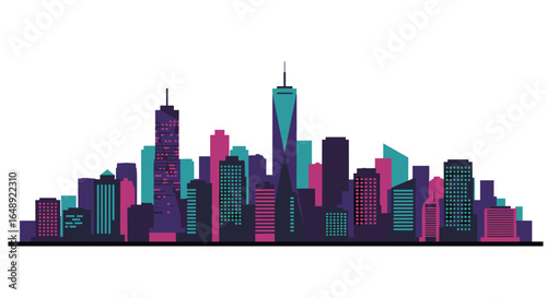 Vibrant urban skyline with modern skyscrapers in flat design