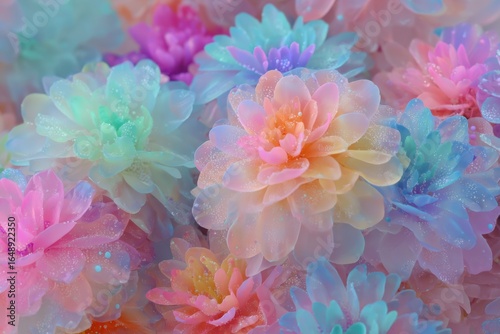 Vibrant Multicolored Artificial Flowers with Dewdrops - Dreamy Pastel Aesthetic.