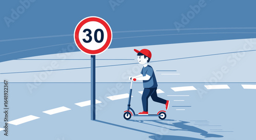 Boy on Scooter Adhering To Thirty Speed Limit Safety On The Street