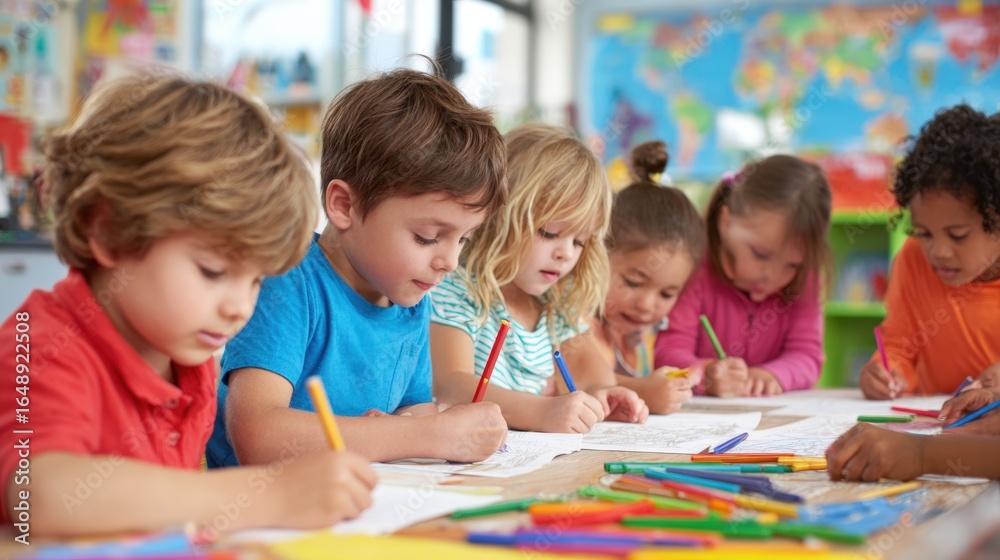 Fototapeta premium Children Drawing Together at Low Table in Colorful Classroom for Design Inspiration