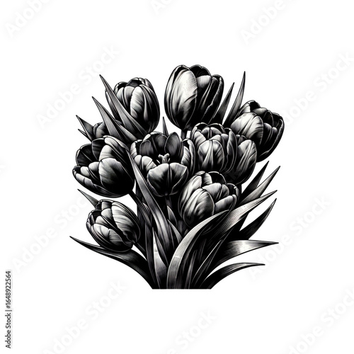 Floral Embrace: A monochrome study of tulips arranged in a stunning bouquet. The intricate lines and shadows bring each petal to life, conveying a sense of delicate beauty and timeless elegance.