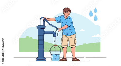 Boy Pumping Water From Well Into Bucket Illustrative Vector Design