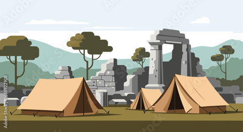 Camping adventure near ancient ruins, a scenic outdoor getaway with tents and historic architecture