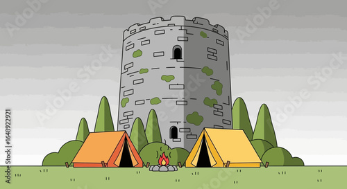 Camping Adventure Near Ancient Tower Amidst Woodland: Scenic Holiday Landscape