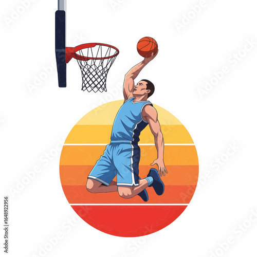 A basketball player slam dunk with circular sunset background, Semi-realistic vector illustration