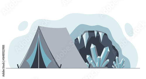 Camping Adventure Near Frozen Cave With Ice Crystals And Jagged Teeth Entrance