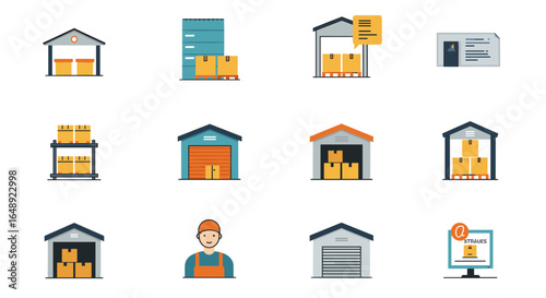 Warehouse and logistics icons: colorful flat style collection