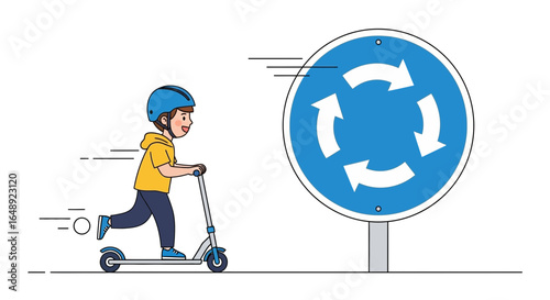 Boy Riding Scooter Passing Roundabout Sign Safe Transportation For Young Child