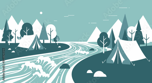 Camping Adventure Near Wavy River Surrounded By Mountains And Trees