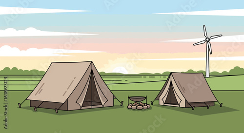 Camping Adventure Near Wind Turbine On Scenic Farmland At Sunset Holiday