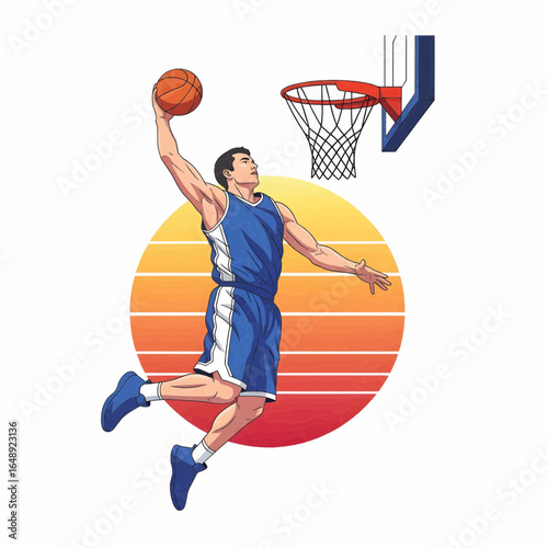 A basketball player slam dunk with circular sunset background, Semi-realistic vector illustration