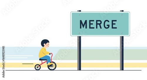 Boy Riding Tricycle Toward The Sign Merge Showing Integration Concept