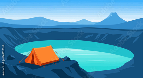 Camping Adventure Under A Blue Sky Landscape Illustration With Mountain View