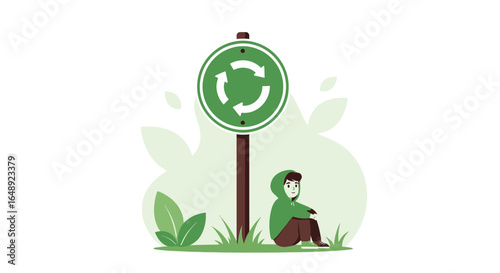 Boy Sits By Roundabout Road Sign In Minimalist Illustration Style Design